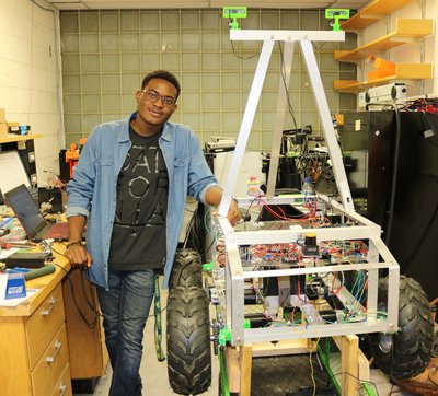 Nnamdi Monwae in the Robotics lab