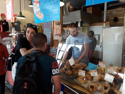 Ordering croissants at Avalon Baker